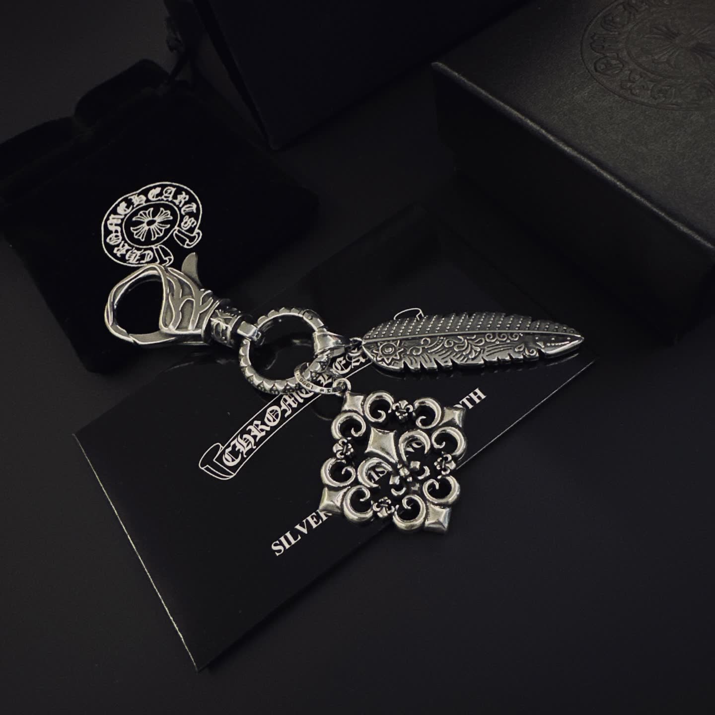 Chrome Hearts Silver Keychain with Feather and Filigree Charm
